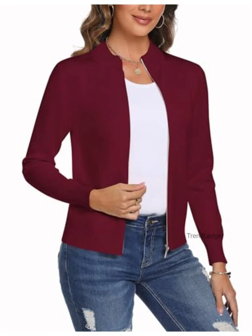 Women's Long Sleeve Knit Zip Up Cardigan Sweater Lightweight Cropped Jacket